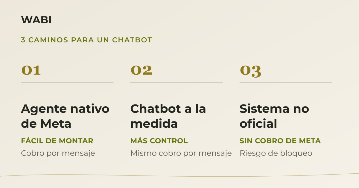 Comparación de los 3 caminos para un chatbot de WhatsApp: agente nativo de Meta, chatbot personalizado con API y RAG, y sistema no oficial