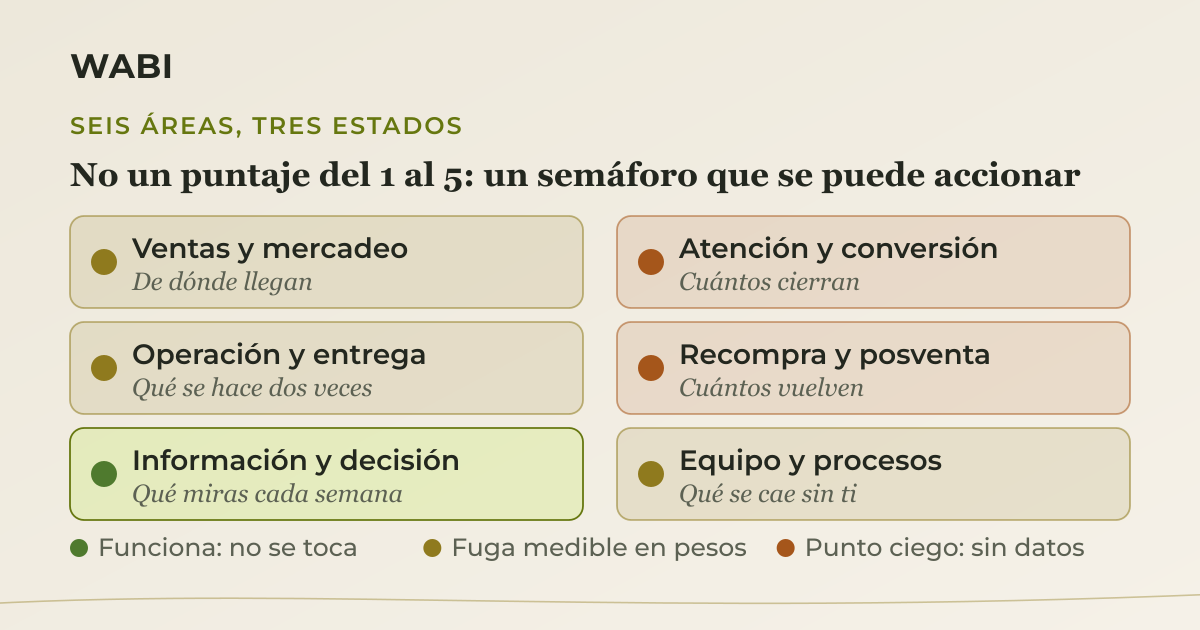 Las seis áreas del diagnóstico con su semáforo: ventas, operación y equipo en amarillo por fuga medible, atención y recompra en rojo por falta de datos, e información y decisión en verde